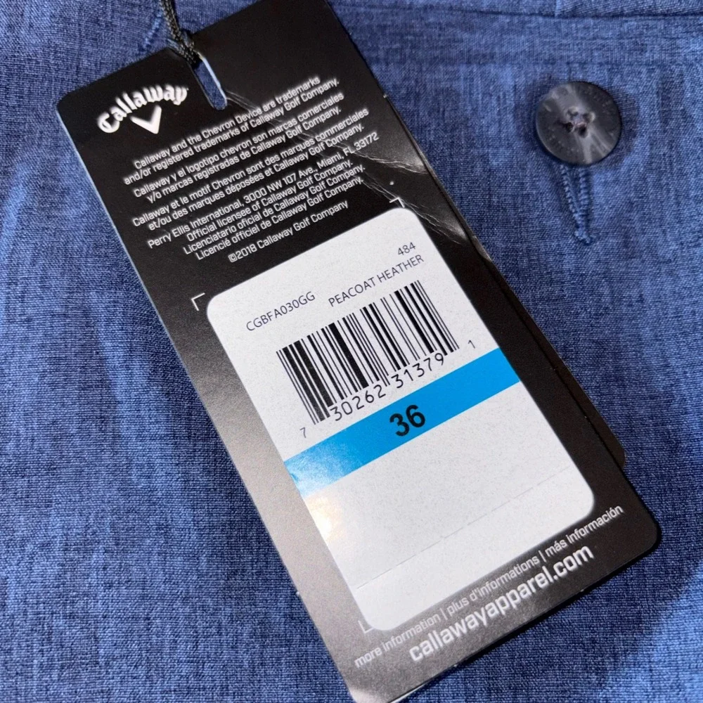 Callaway Mens Golf Shorts 36 Peacoat Heather Blue Swing Tech Flex CGBFA030GG NEW